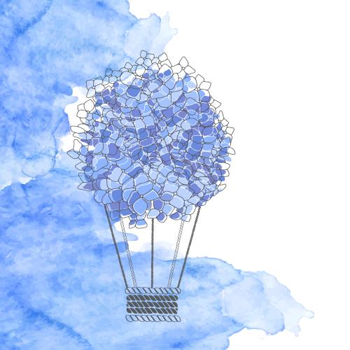 Hortensie. Vektor Blumenluftballon, Hydrangea, Blauer Wasserfarbenfragment, Platz für Text auf weißem