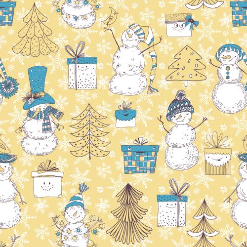 Schneemann. Vektor cartoonartige schneemänner, hübsche geschenkboxen, weihnachtsbäumchen und schneeflocken auf goldfarbenem