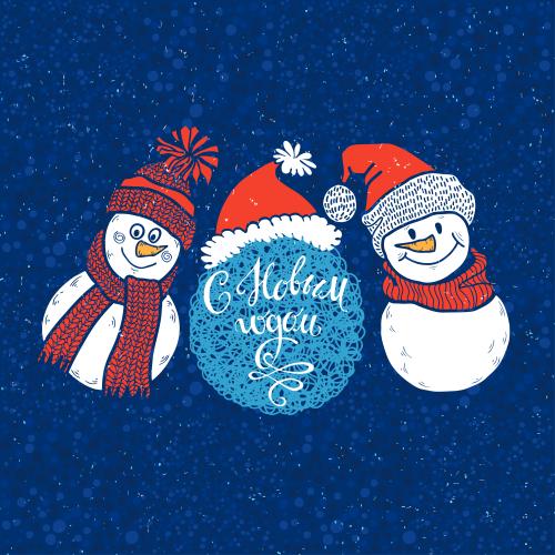 Schneemann. Vektor zwei niedlichen Schneemänner, Schriftzug mit Neujahr auf blauem Karomuster