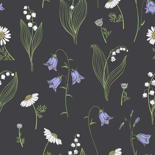 Glockenblume. Vektor kuckucksblumen Lilien Margeriten auf dunkelgrauem