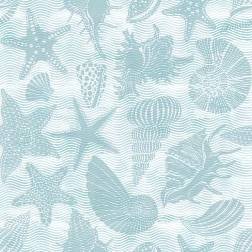 Nautilus. Vektor meeressterne und muscheln blaue silhouetten wellen auf blauem aquarell