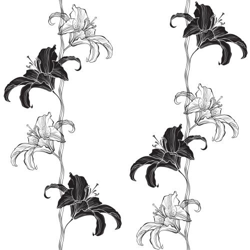 Vektorgrafik lilien, konturen und silhouetten von blumen, vertikale wellenförmige linien auf weiß