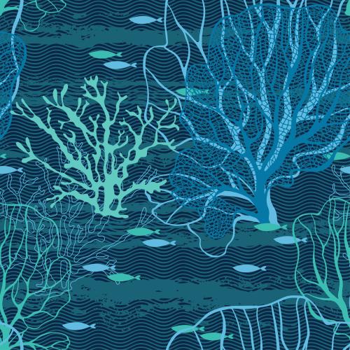 Natur. Vektor Korallen, Algen, Fische, Wellen auf blauem