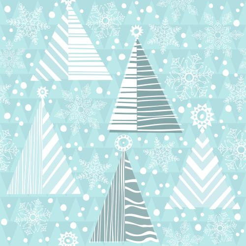 Erbse. Vektor tannen und Schneeflocken auf blauem geometrischem