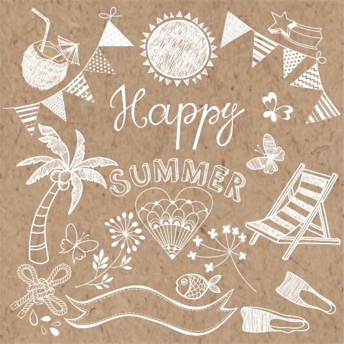 Vektorgrafik symbole und elemente des strandurlaubs, schriftzug happy summer auf kraftpapier