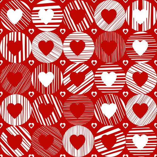 Valentinstagskarten. Vektor Weiße und rote Herzen in gestreiften Kreisen auf rotem