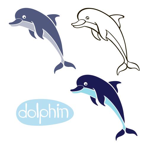 Delfin. Vektor Delfine, bunte Silhouetten und Konturzeichnung auf weißem