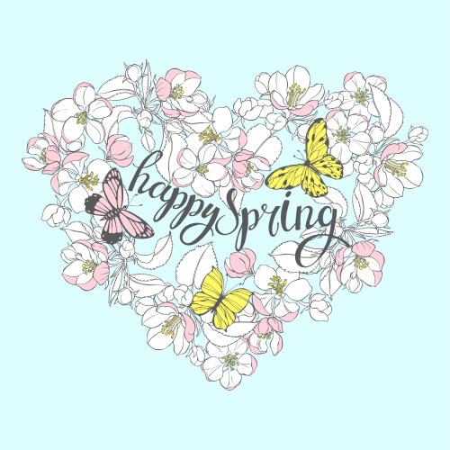 Vektorgrafik herz aus apfelblüten, schmetterlinge und aufschrift 'happy spring' auf blauem