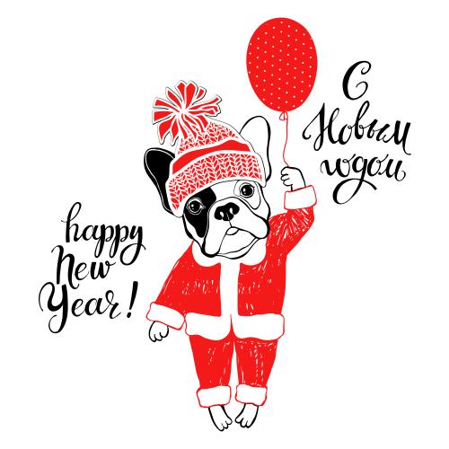 Luftballon. Vektor cartoonartiger französischer bulldog in kostüm des weihnachtsmanns und mit ball, wünsche zum neuen jahr auf russisch und englisch auf weißem