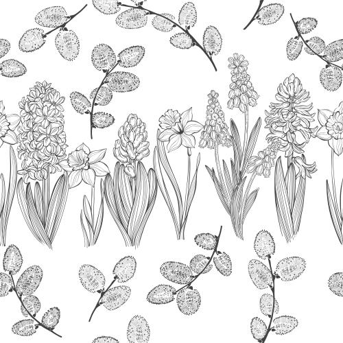 Narzisse. Vektor Frühjahrsblumen: Muscari, Hyazinthen, Narzissen und Zweige der Weide auf weißem