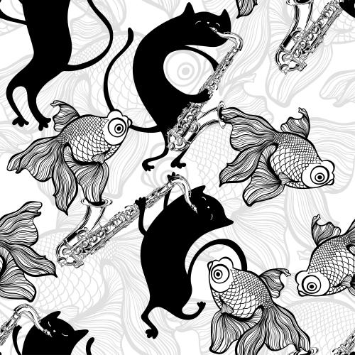 Saxophon. Vektor cartoonartige Katzen mit Saxophonen, Fische auf weißem