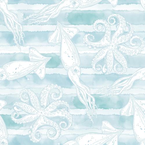 Oktopus. Vektor Kalmar und Tintenfische auf blauem Aquarellstreifig