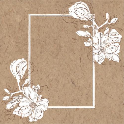 Knospe. Vektor magnolie rechteckiger Rahmen mit weissen Silhouetten und braunen Konturen von Blumen auf Kraft