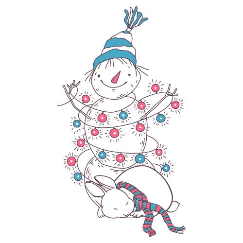 Vektorgrafik lieblicher animierter schneemann mit lichterkette und schlafender hase mit schal auf weißem