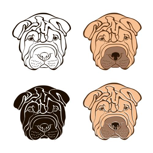 Shar pei. Vektor Sharpey-Köpfe, vier verschiedene Varianten auf weißem