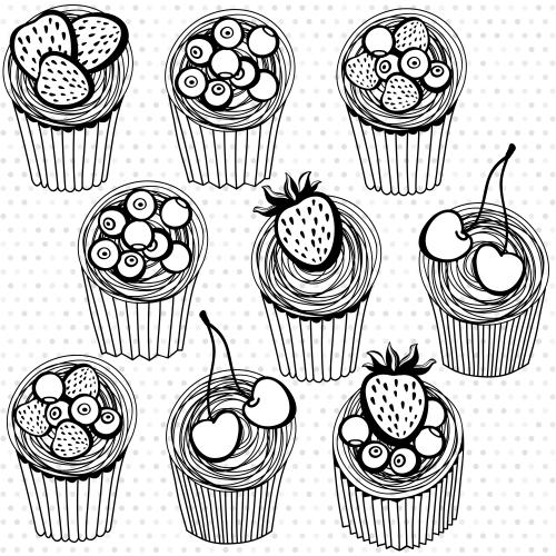 Heidelbeere. Vektor cartoonartige Cupcakes mit Beeren auf hellem Kariertem, isolierte Elemente