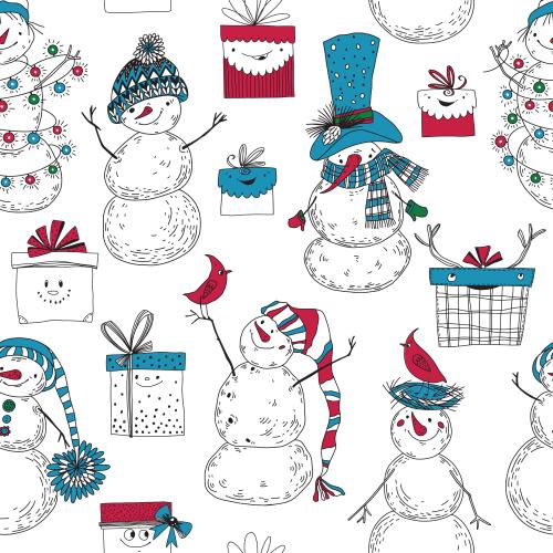 Schneemann. Vektor Hübsche cartoonartige Schneemänner und Geschenkboxen auf weißem