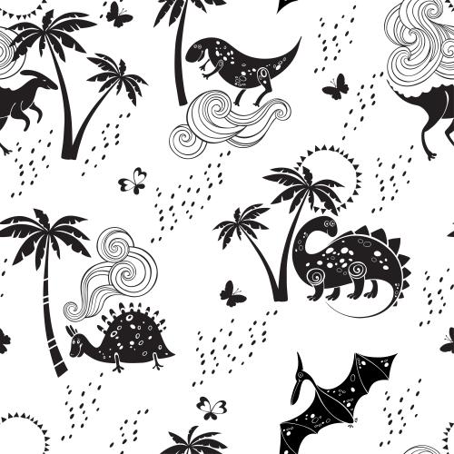 Meer. Vektor cartoonartige dinosaurier, palmen, wellen auf weissm