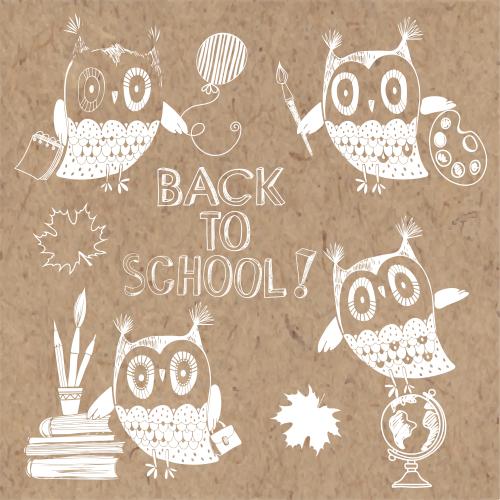 Vektorgrafik cartoon-artige eulen, schulbedarf und text 'back to school' auf kraft