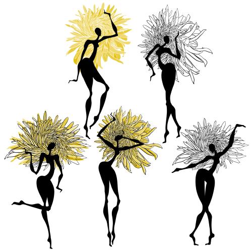 Chrysantheme. Vektor tanzend Chrysanthemen, Silhouetten auf weißem