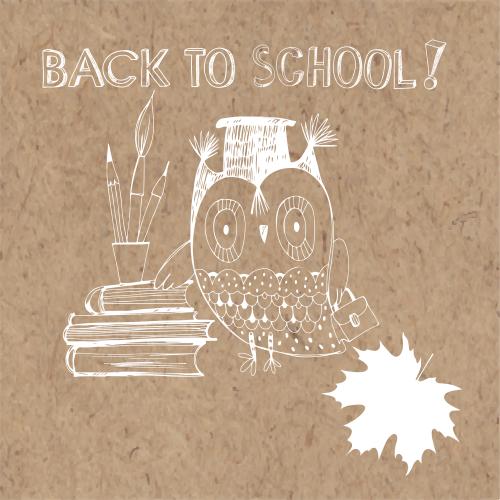 Bleistift. Vektor cartoonische Eule, Schulbedarf, Schriftzug 'Back to School' auf Kraft