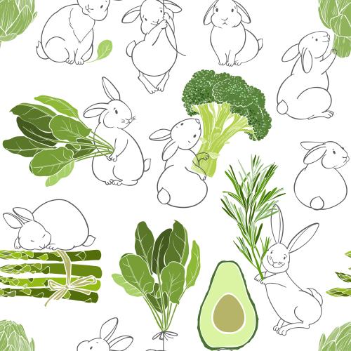 Vektorgrafik hübsche kaninchen mit blättern von spinat, brokkoli, rosmarin, avocado, spargel, artischocke auf weißem