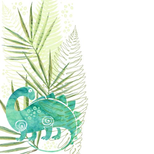 Dinosaurier. Vektor Aquarelldinosaurier, Blätter der Palme und Farn, Platz für Text auf weißem