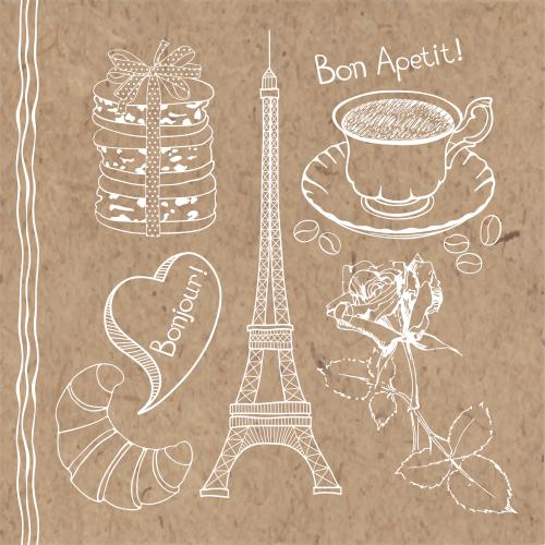 Vektorgrafik eiffelturm croissant macaron kaffeebecher herz rosa auf kraft