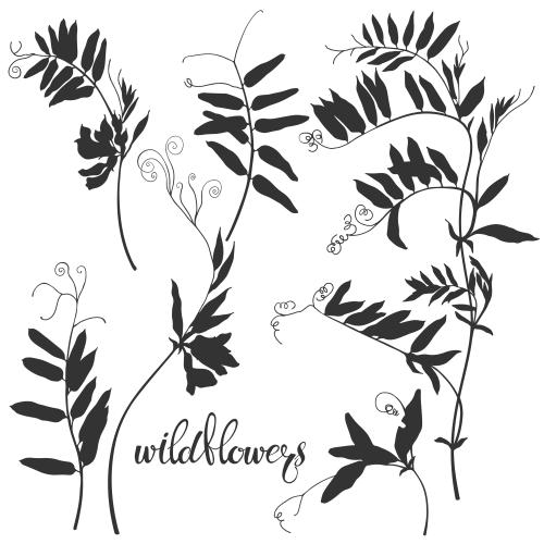 Vektorgrafik feldblume, schwarze silhouetten auf weißem