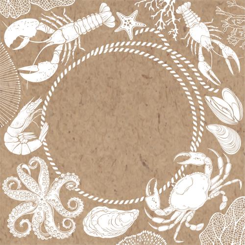 Miesmuschel. Vektor Oktopus, Krabbe, Muscheln, Auster, Lobster, Krebs, Garnelen, Korallen, Meerestern, Runde Rahmen aus Seil auf Kraftpapier