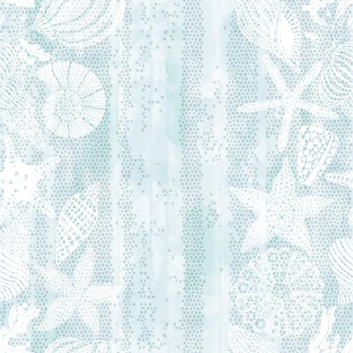 Seeigel. Vektor Meersterne, Muscheln, Nautilus, Meeresschweinchen, Algen auf blauem Aquarellmosaik