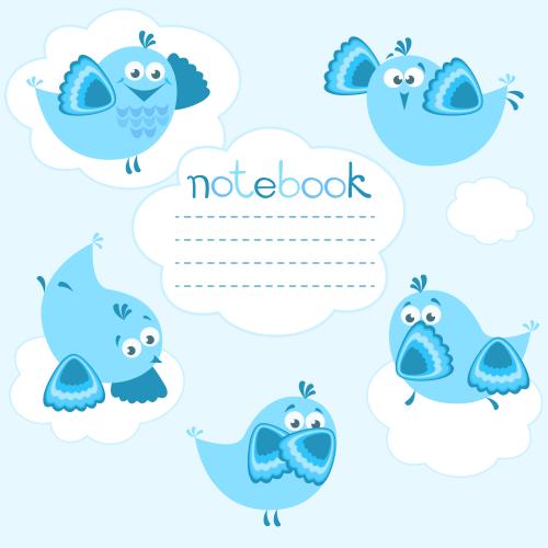 Heft. Vektor cartoonartige blaue Vögel auf Wolken, Vorlage mit Platz für Text