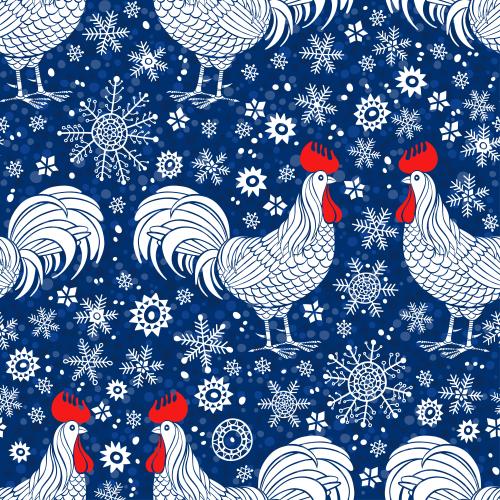 Hahn. Vektor Hähnchen, Schneeflocken im Kreis auf Blauem Karo-Muster