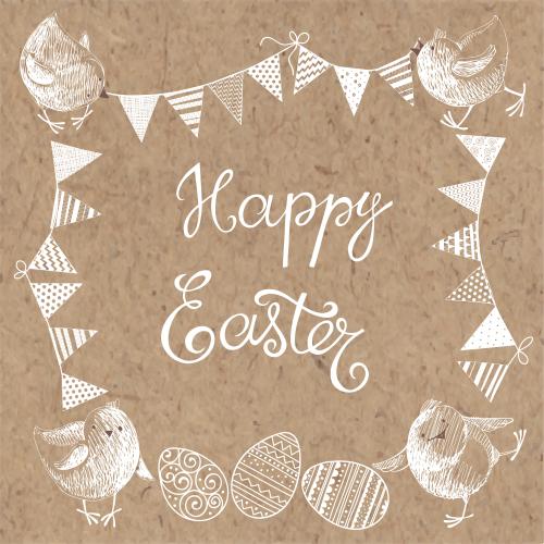 Ei. Vektor rahmen mit niedlichen Küken, Girlanden, Ostereiern und einer Aufschrift Happy Easter auf Kraftpapier
