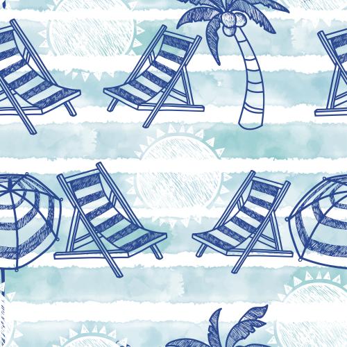 Strand. Vektor schlitten Palmen Sonnenschirme Sonne blaue Aquarellstreifen auf weissem