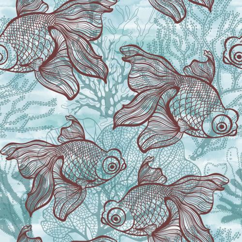 Vektorgrafik goldene fische, algen und korallen auf blauem aquarell
