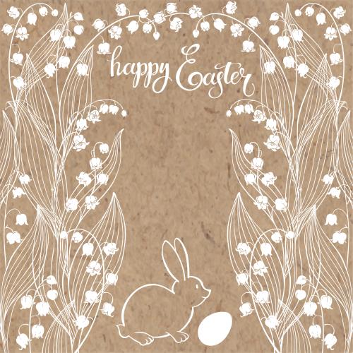 Hase. Vektor Lilien, hübscher Kaninchen mit Oster-Ei, Schriftzug Happy Easter auf Kraft