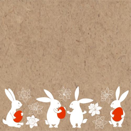 Vektorgrafik hübsche kaninchen mit roten oster-eiern, narzissen, textfeld auf kraftpapier