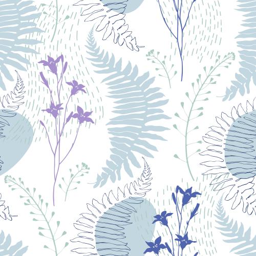 Farn. Vektor Glockenblumen, Farnblätter, Pfarrersack, Farbige Konturen und Silhouetten auf weiß