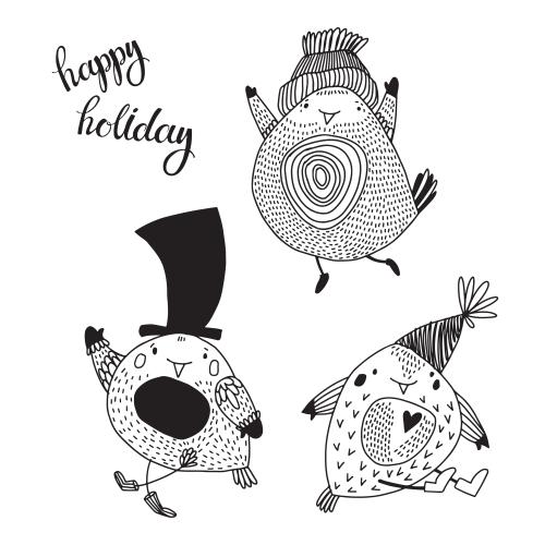 Geburtstag. Vektor drei fröhliche cartoonartige Vögelchen, Inschrift Happy Holiday auf weißem