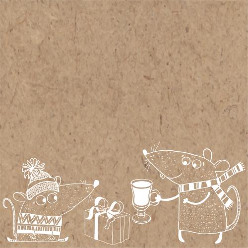 Vektorgrafik cartoon-mäuse mit glühwein und geschenk, platz für text auf kraftpapier