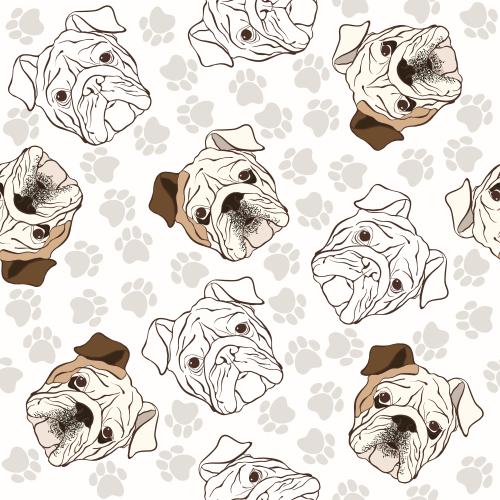 Hund. Vektor Köpfe des englischen Bulldogs, Spuren der Pfoten auf dem hellen