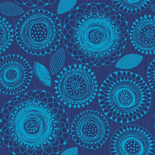 Vektorgrafik farbige blaue doodle-blumen und blätter auf blauem gestreiftem