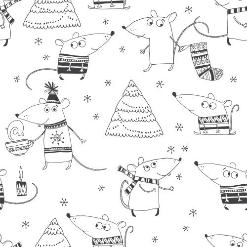 Tasse. Vektor cartoonische Mäuse, festliche Tannenbäume, Schneeflocken auf weißem