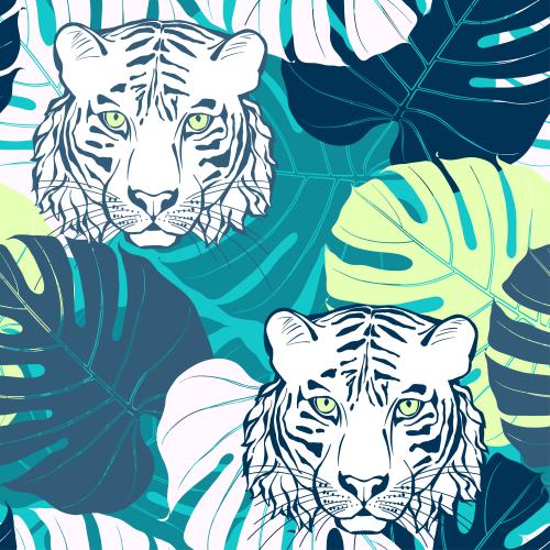 Tiger. Vektor Tigerköpfe und farbenfrohe Blätter der Monstera