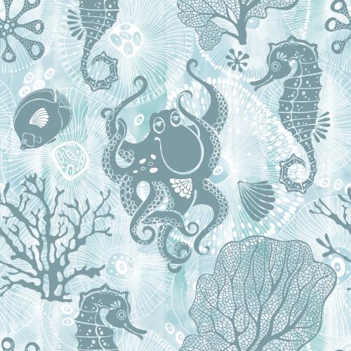 Oktopus. Vektor Cartoonfische, Oktopus, Seepferdchen, abstrakte Meeresbewohner, Korallen auf blauem Aquarell