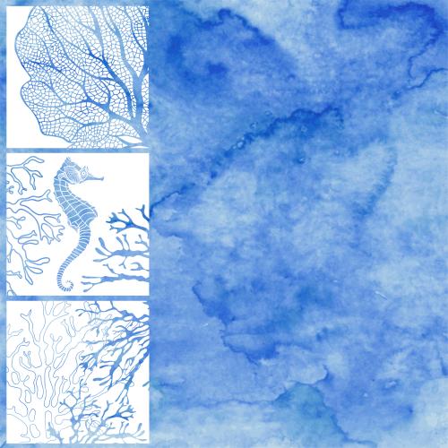 Rasterbild komposition auf maritimen thema mit seepferdchen, unterwasser-pflanzen und einem platz für text auf blauem aquarell