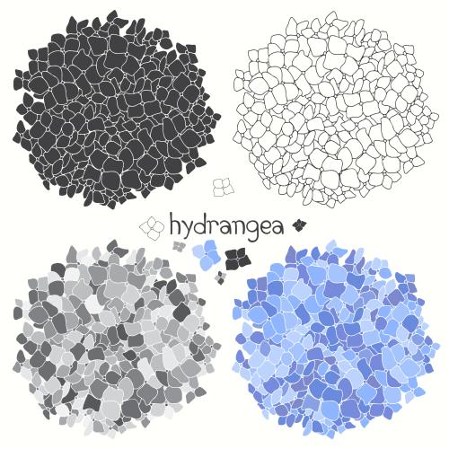 Hortensie. Vektor Hydrangea-Blüten, verschiedene isolierte Elemente auf weißem