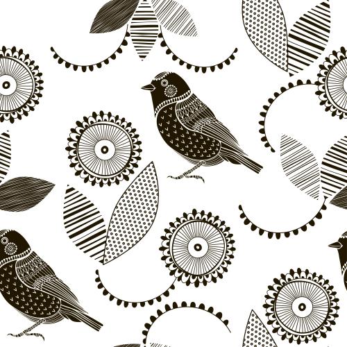 Vogel. Vektor dekorative Vögel, Blumen und Blätter auf weißem
