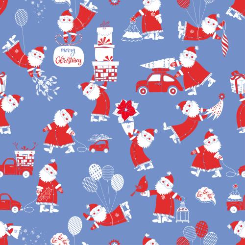 Auto. Vektor cartoonartige Weihnachtsmänner auf dem blauen